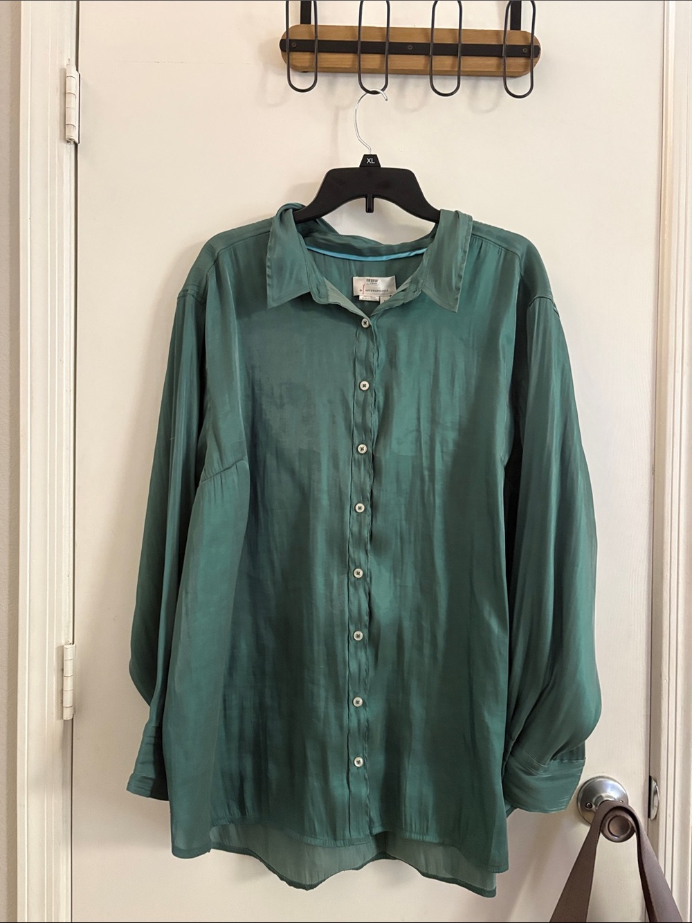 Anthropologie Silky Iridescent Button Down Blouse Green Plus Size 2X Boho Office